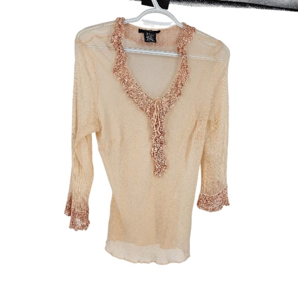Vintage y2k ECI Blouse Top Orange 100% Silk Mesh Sheer Ruffle Crochet Size L - Picture 1 of 6